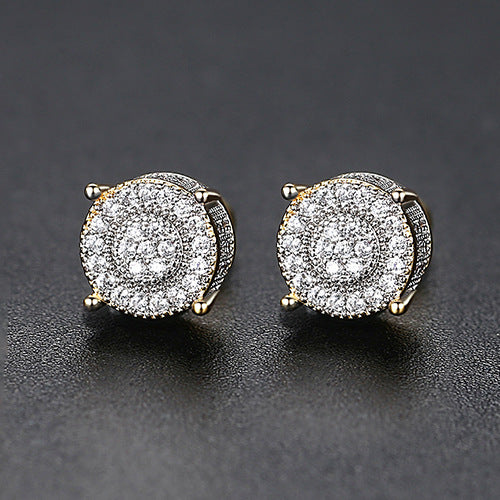 JINSE 10mm Round Geometric CZ Stud Earrings For Men Women Full Paved Cubic Zircon Black Clear Ear Earrings Rock Hip Hop Jewelry