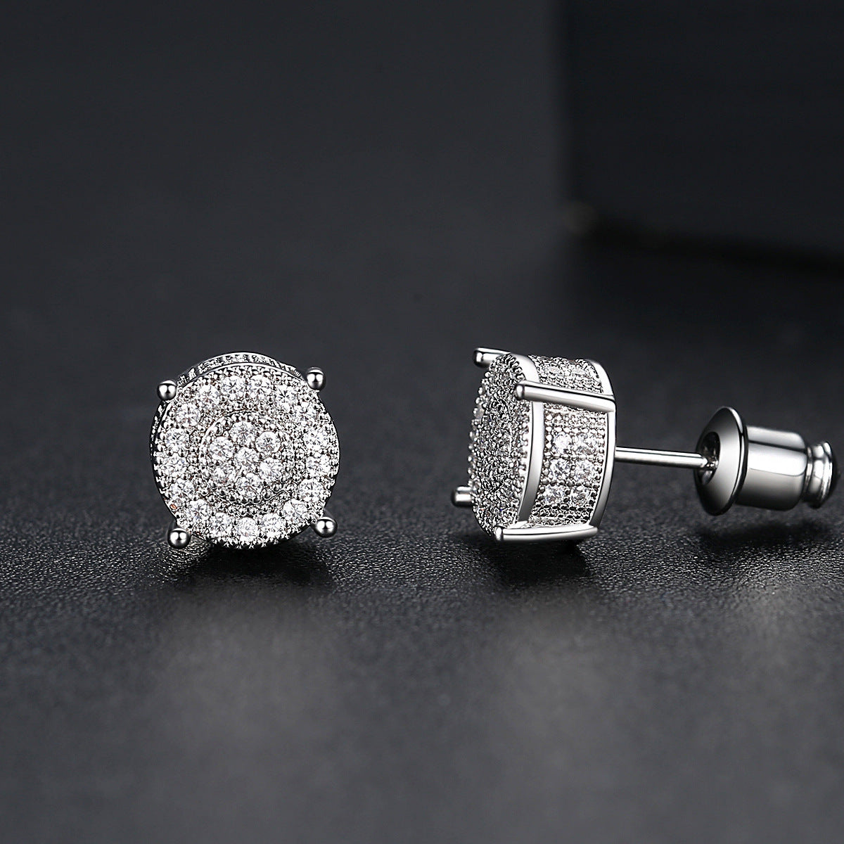 JINSE 10mm Round Geometric CZ Stud Earrings For Men Women Full Paved Cubic Zircon Black Clear Ear Earrings Rock Hip Hop Jewelry