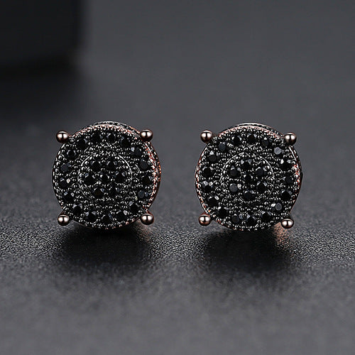 JINSE 10mm Round Geometric CZ Stud Earrings For Men Women Full Paved Cubic Zircon Black Clear Ear Earrings Rock Hip Hop Jewelry