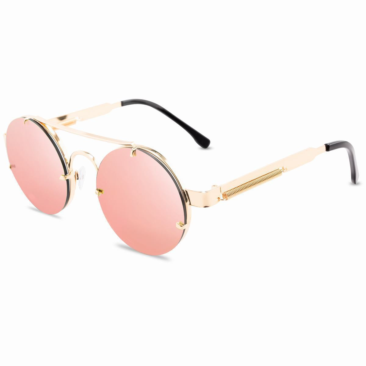 Punk Retro Round Frame Sunglasses With Spring Temples