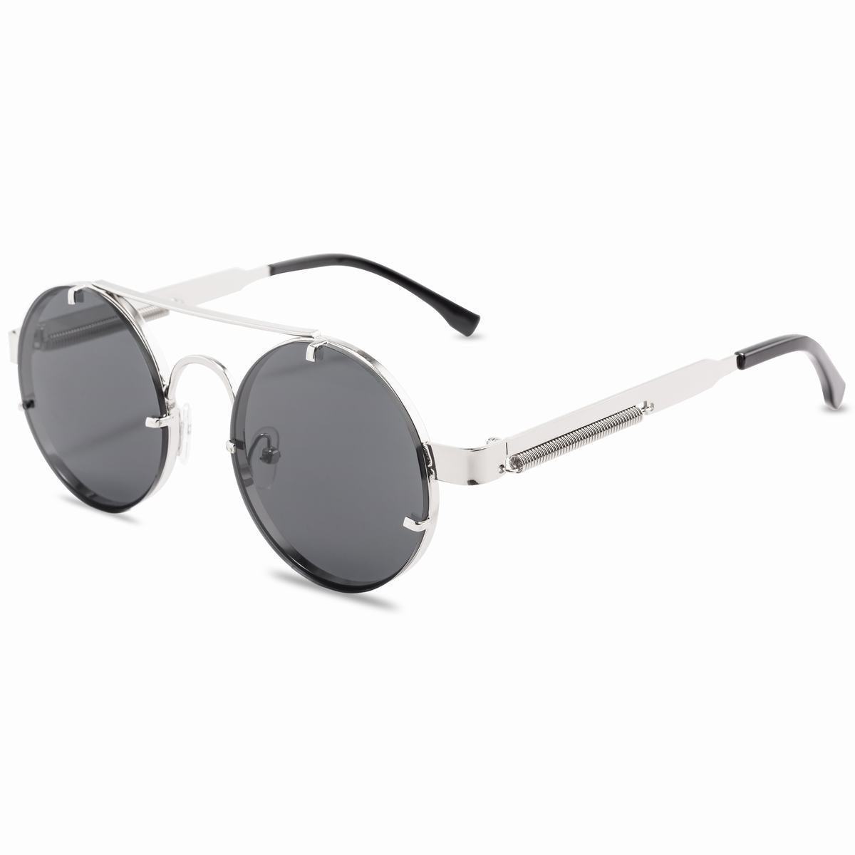 Punk Retro Round Frame Sunglasses With Spring Temples