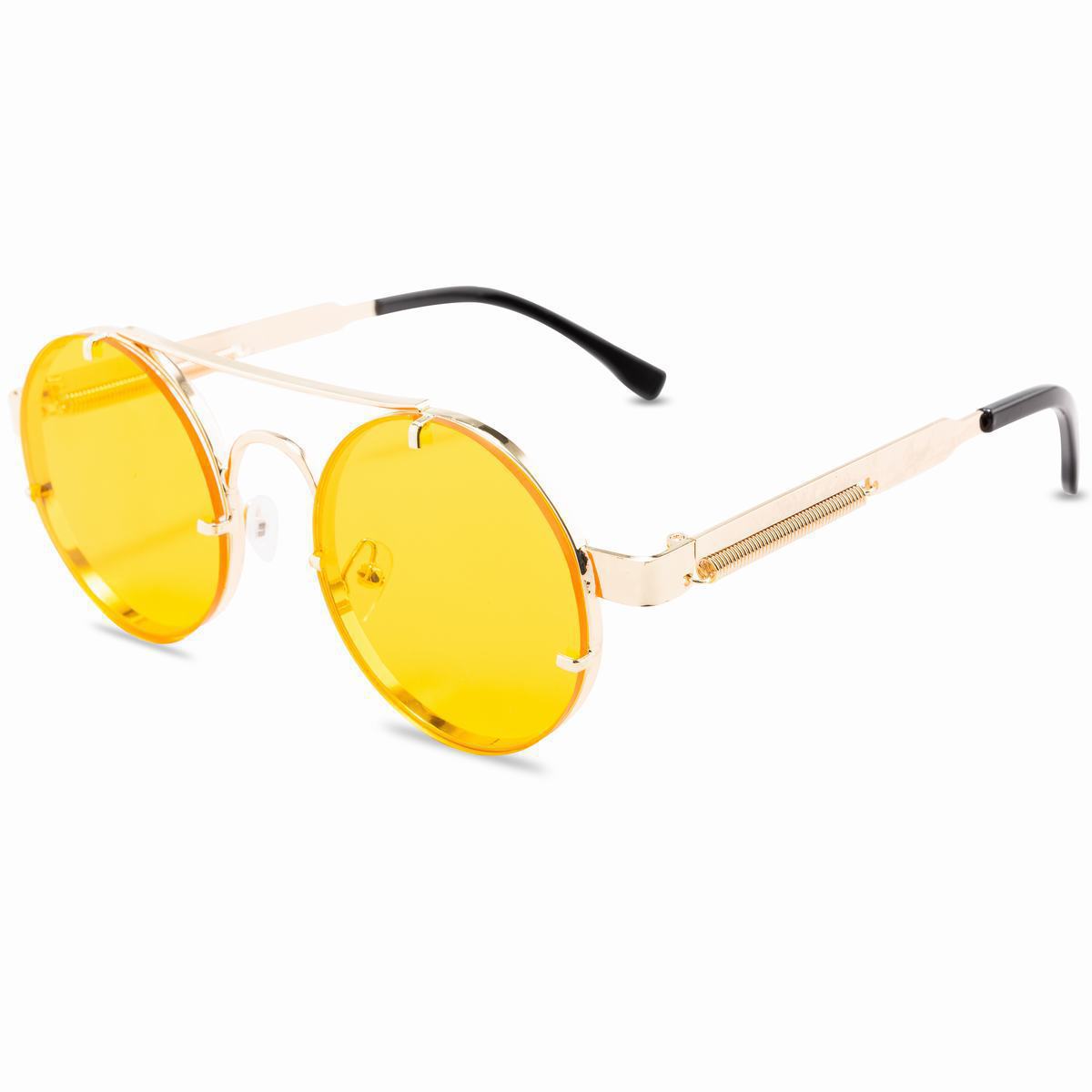 Punk Retro Round Frame Sunglasses With Spring Temples