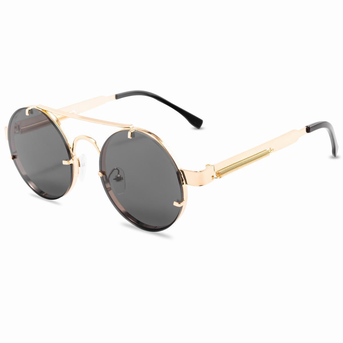 Punk Retro Round Frame Sunglasses With Spring Temples