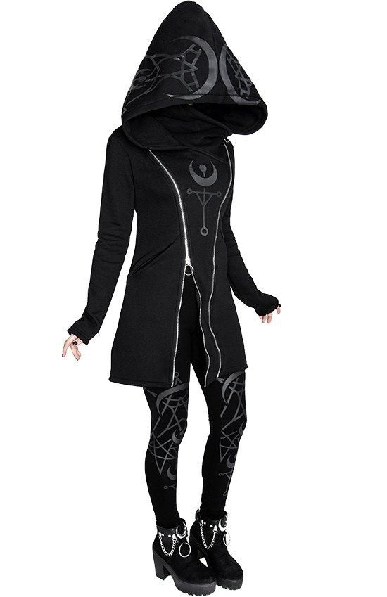 Punk Style Printed Long Sleeved Hooded Double Zipper Sweater Long