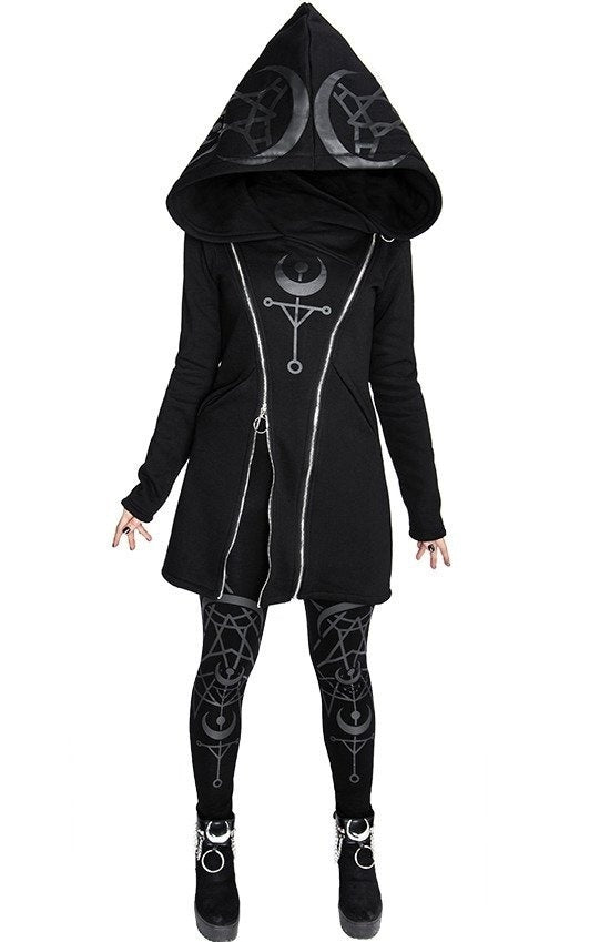 Punk Style Printed Long Sleeved Hooded Double Zipper Sweater Long