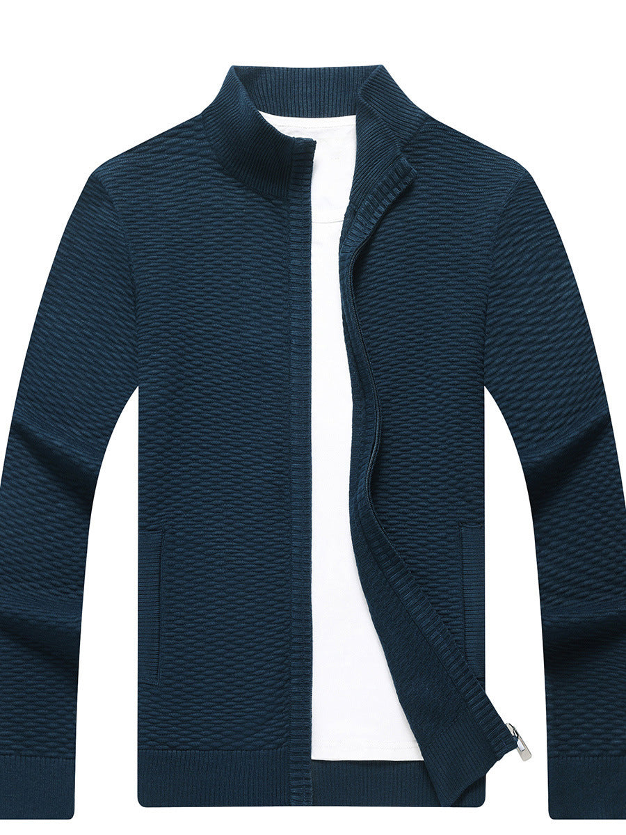 Men's Jacquard Cardigan Sweater Jacket Solid Color Stand Collar Sweater