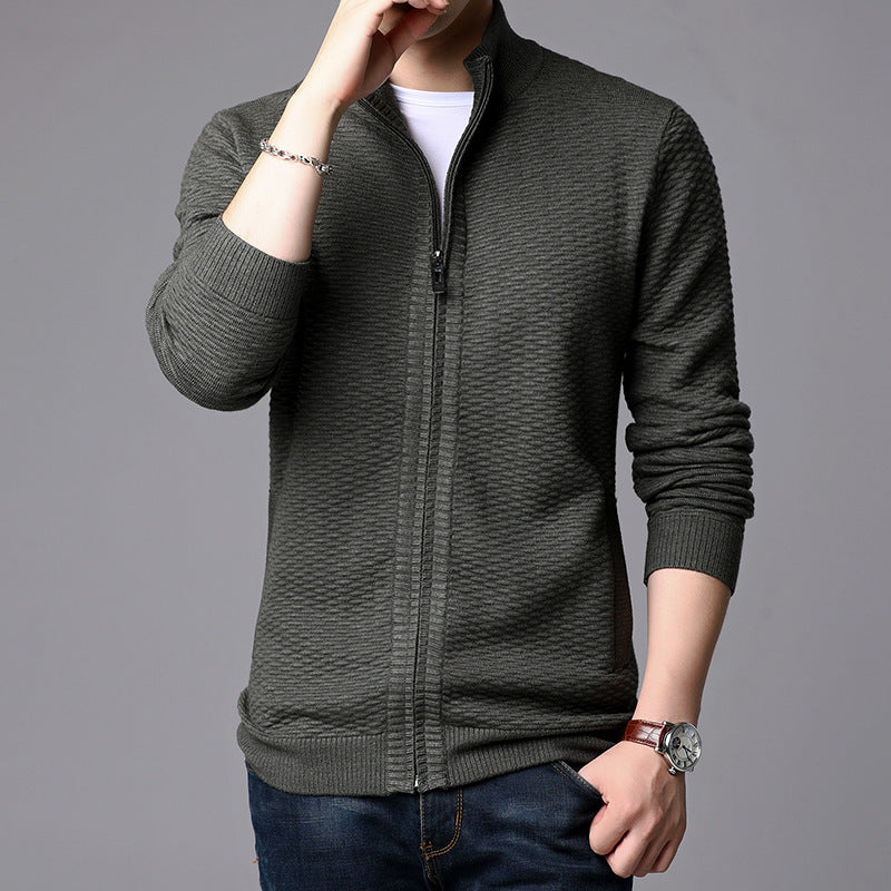 Men's Jacquard Cardigan Sweater Jacket Solid Color Stand Collar Sweater