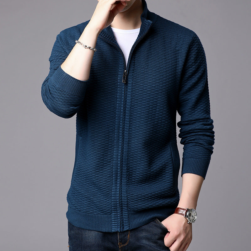 Men's Jacquard Cardigan Sweater Jacket Solid Color Stand Collar Sweater