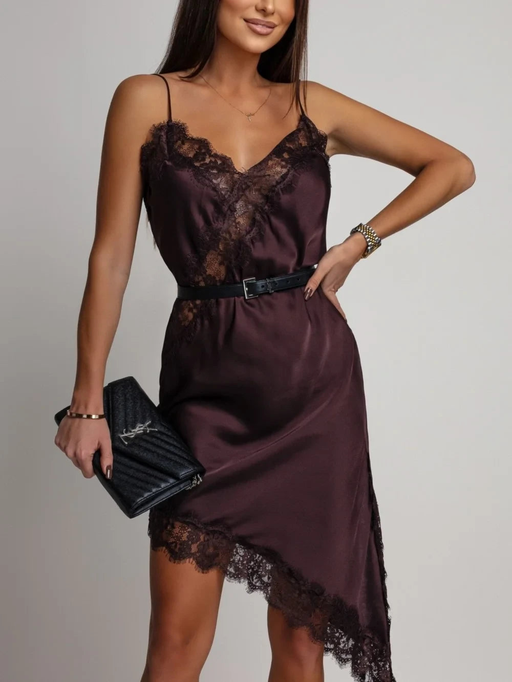 Dark Brown Satin Lace Slip Dress