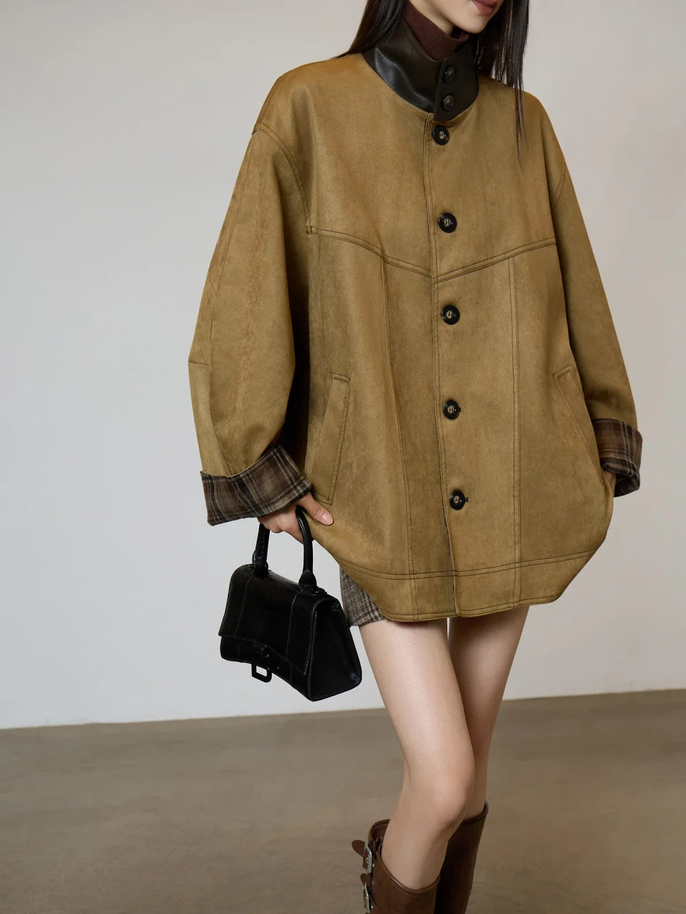 Retro Suede Plaid Trench Coat
