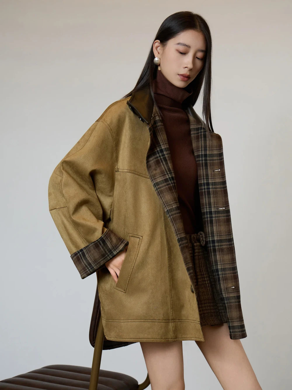 Retro Suede Plaid Trench Coat