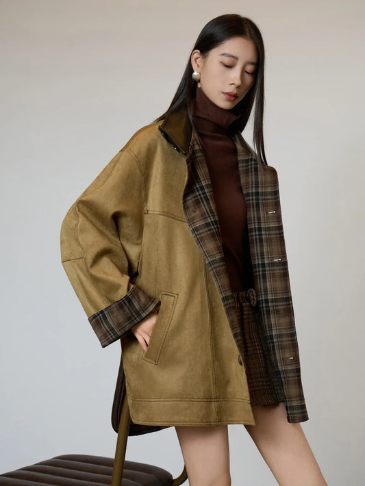 Retro Suede Plaid Trench Coat