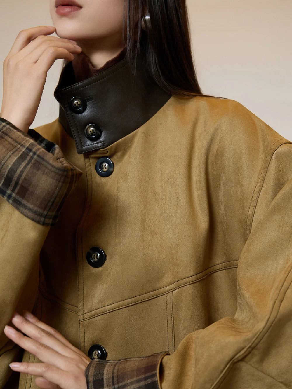 Retro Suede Plaid Trench Coat