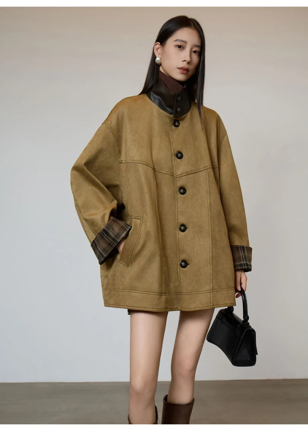 Retro Suede Plaid Trench Coat