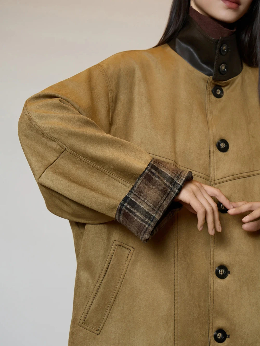 Retro Suede Plaid Trench Coat