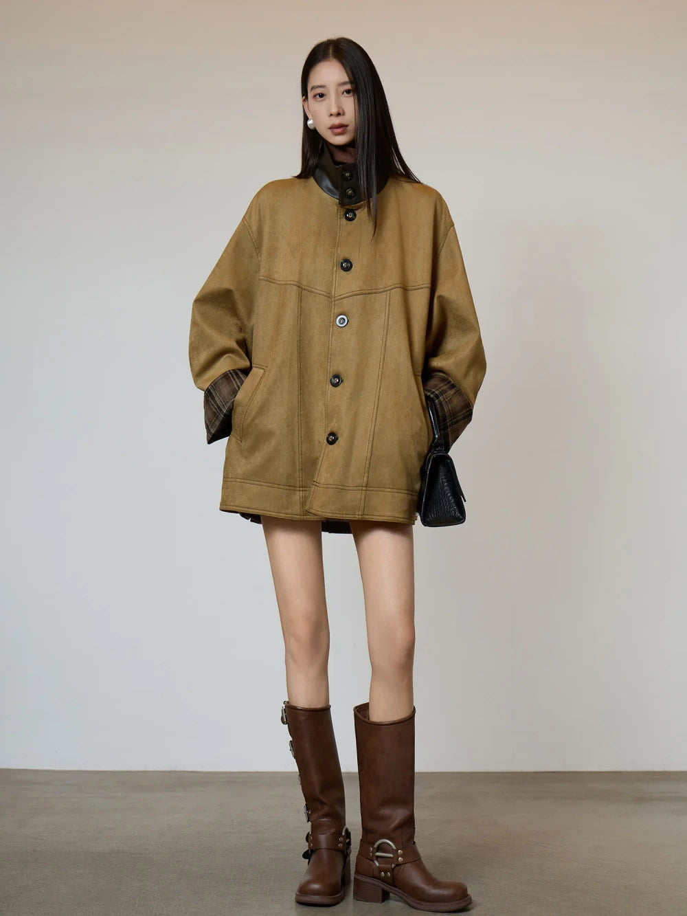 Retro Suede Plaid Trench Coat