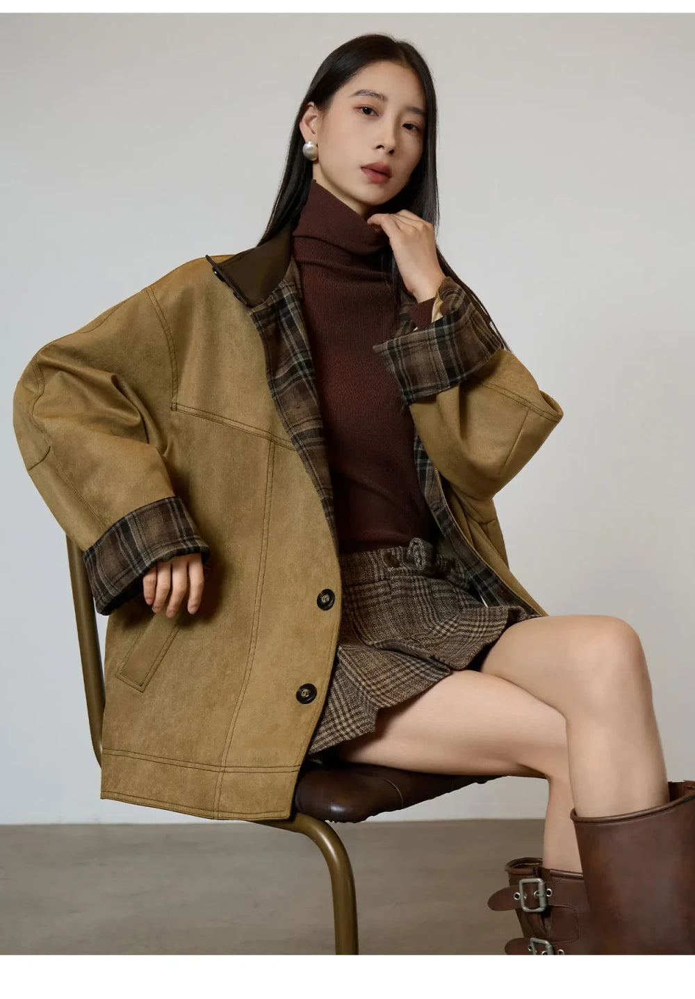 Retro Suede Plaid Trench Coat