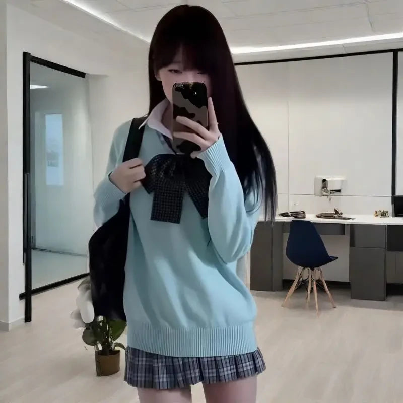 College Style V-Neck Knitted Sweater