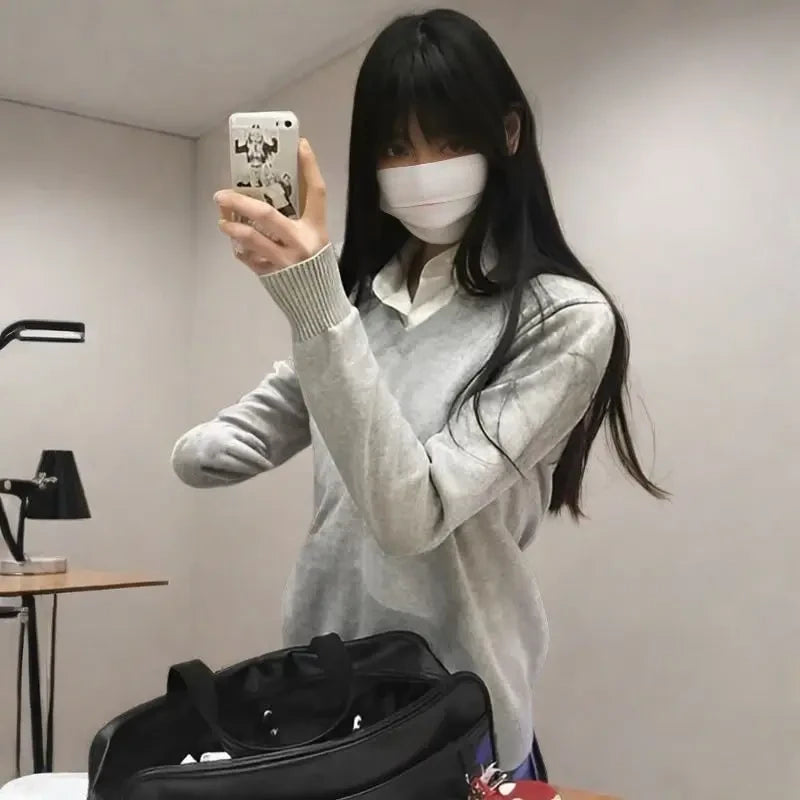 College Style V-Neck Knitted Sweater