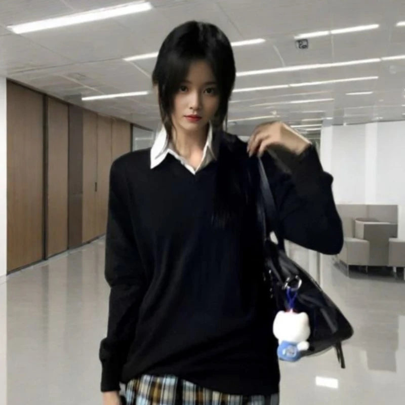 College Style V-Neck Knitted Sweater