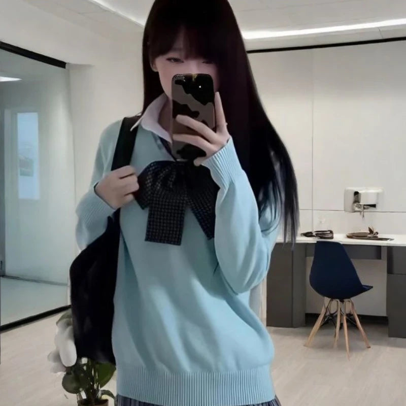 College Style V-Neck Knitted Sweater