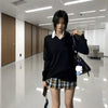 College Style V-Neck Knitted Sweater