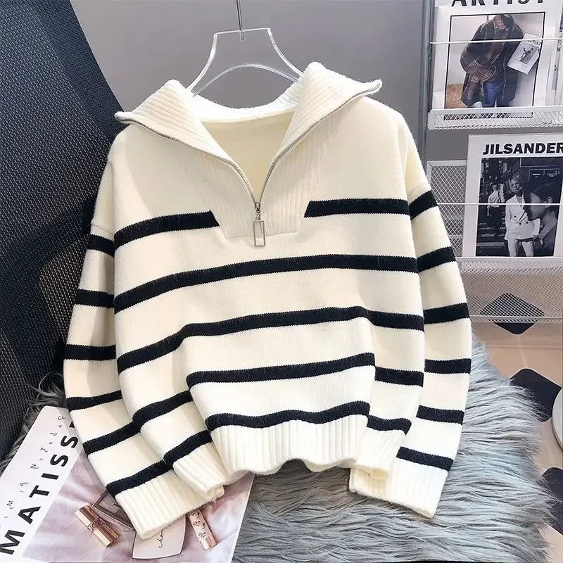 Striped Zipper Knit Pullover