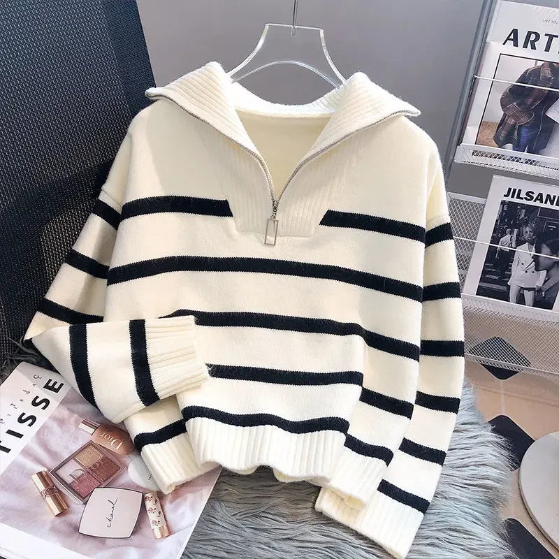 Striped Zipper Knit Pullover