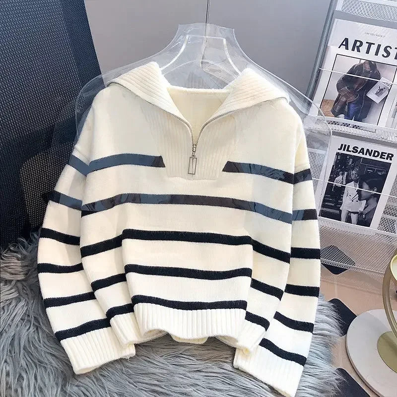 Striped Zipper Knit Pullover