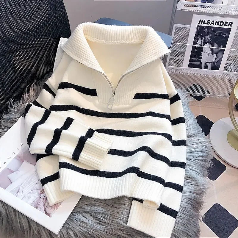 Striped Zipper Knit Pullover