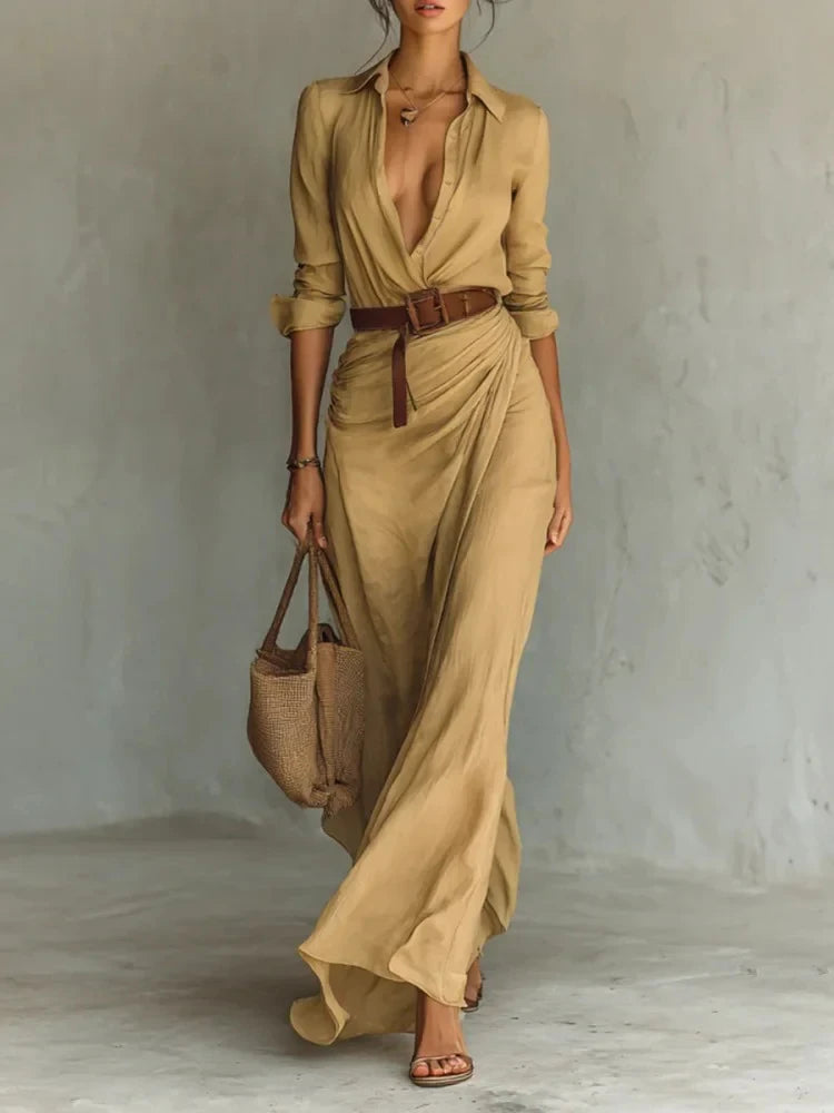 Khaki Belted Wrap Maxi Dress