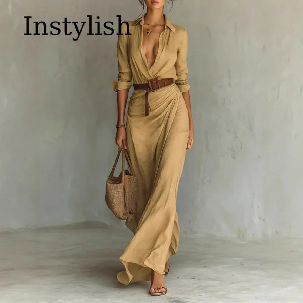 Khaki Belted Wrap Maxi Dress