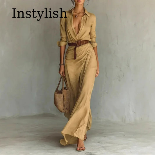 Khaki Belted Wrap Maxi Dress