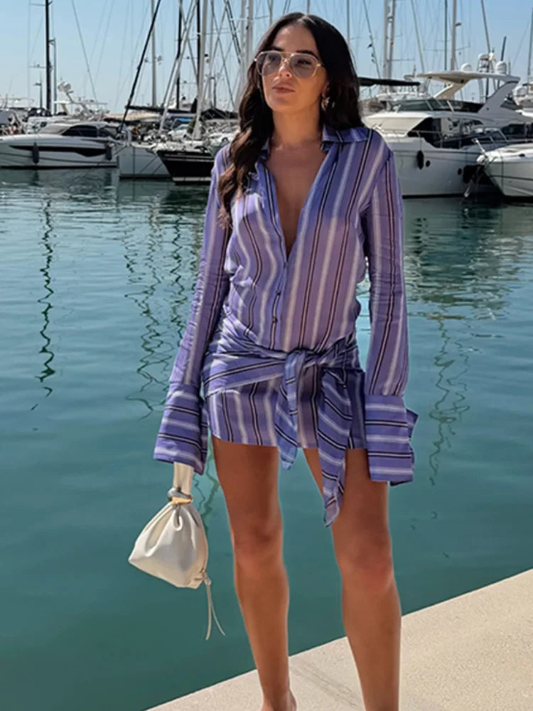 Stripe Wrap Tie Mini Dress