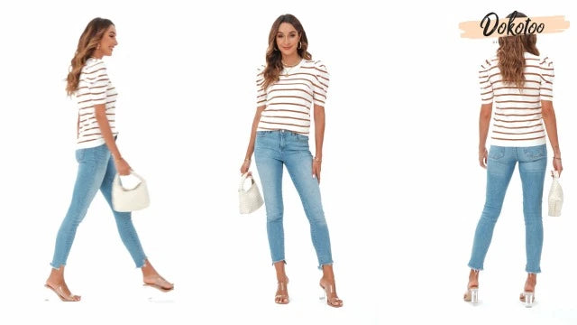 Striped Short Puff Sleeve Knit Top