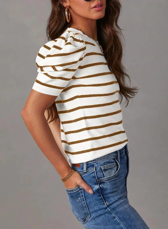 Striped Short Puff Sleeve Knit Top