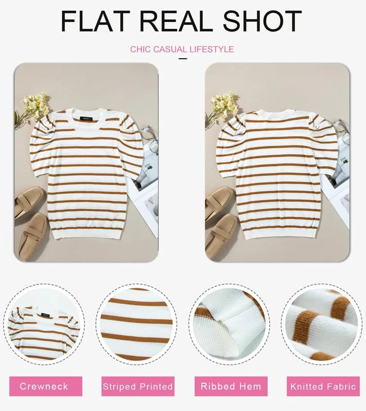 Striped Short Puff Sleeve Knit Top