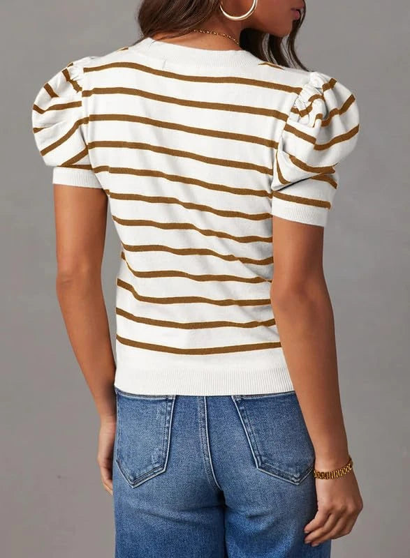 Striped Short Puff Sleeve Knit Top