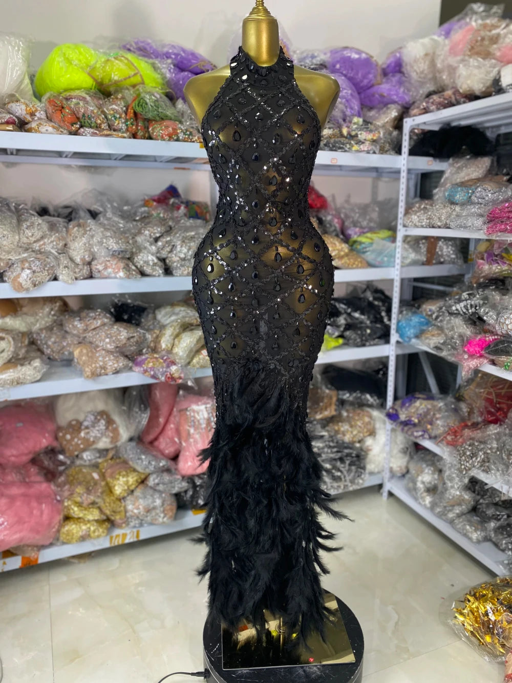 Sequined Feather Gala Dress