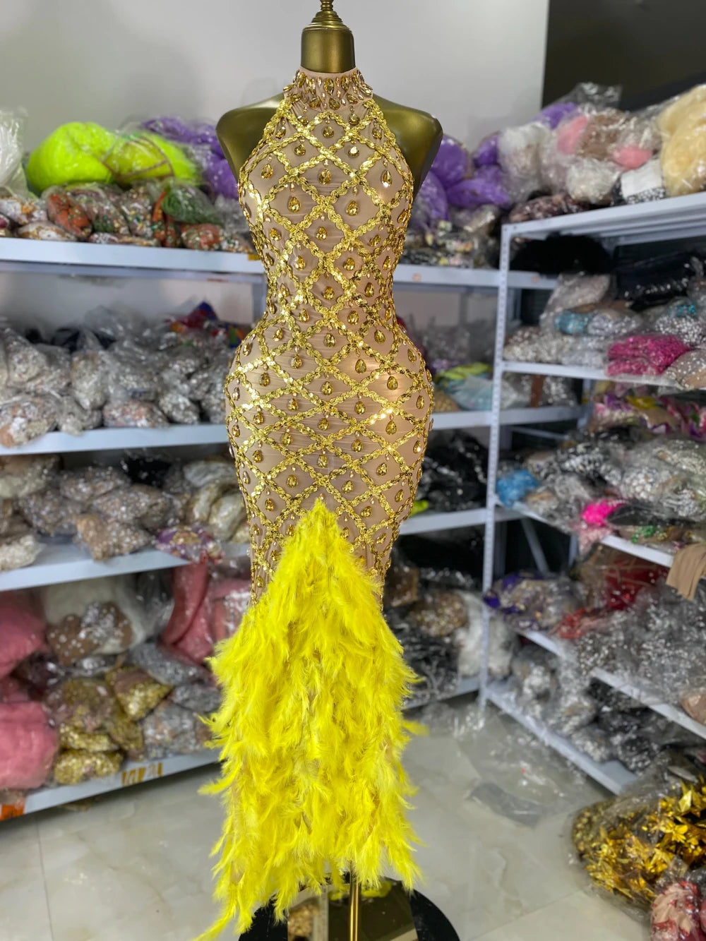Sequined Feather Gala Dress