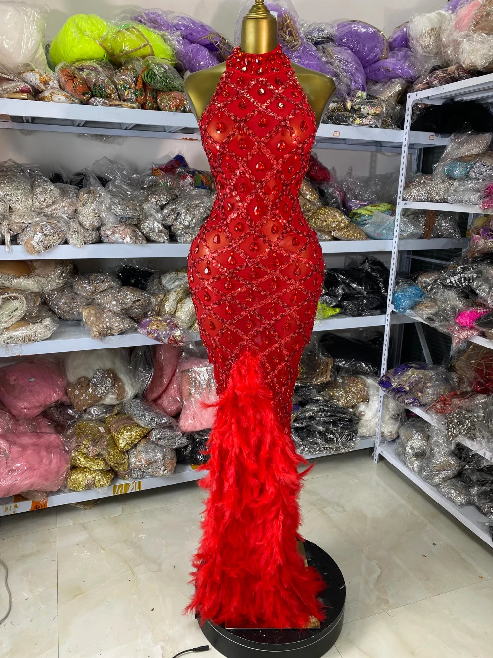 Sequined Feather Gala Dress