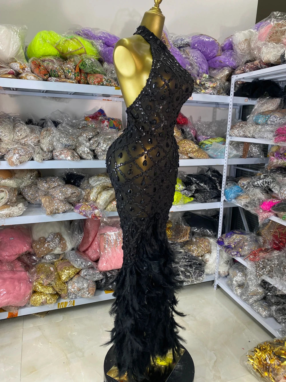 Sequined Feather Gala Dress