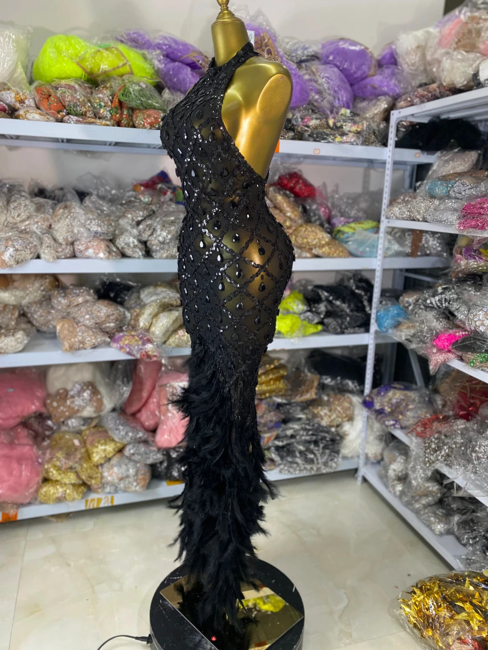 Sequined Feather Gala Dress