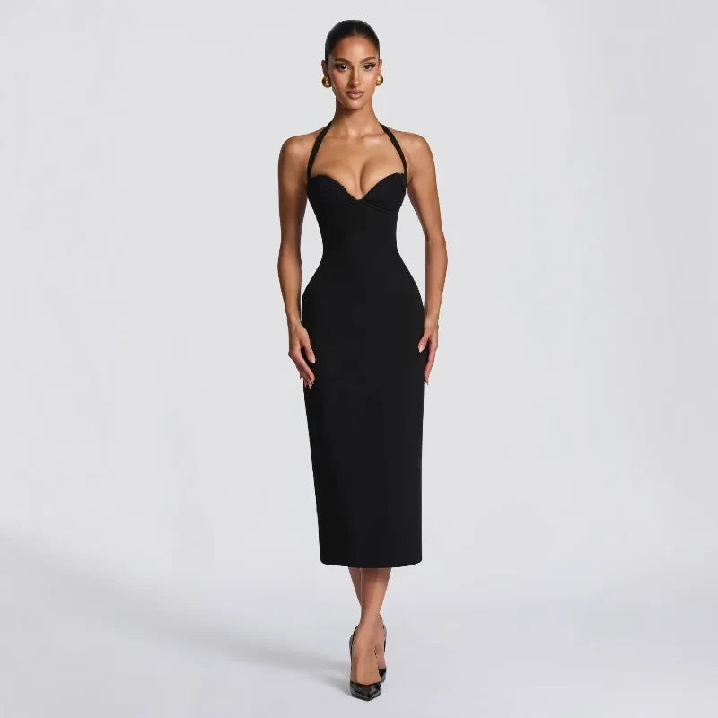 Elegant Halter Red Midi Dress