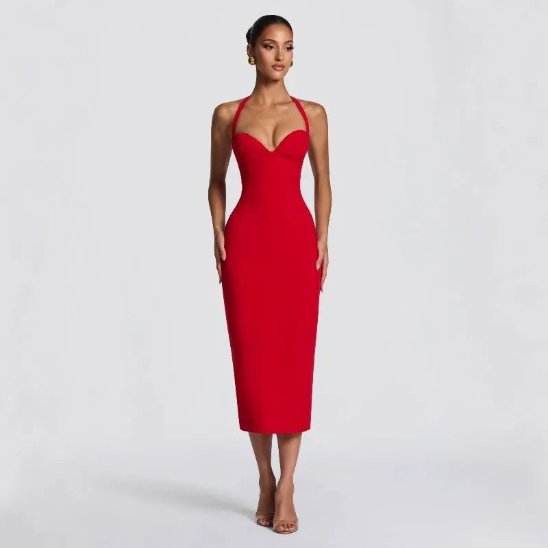 Elegant Halter Red Midi Dress