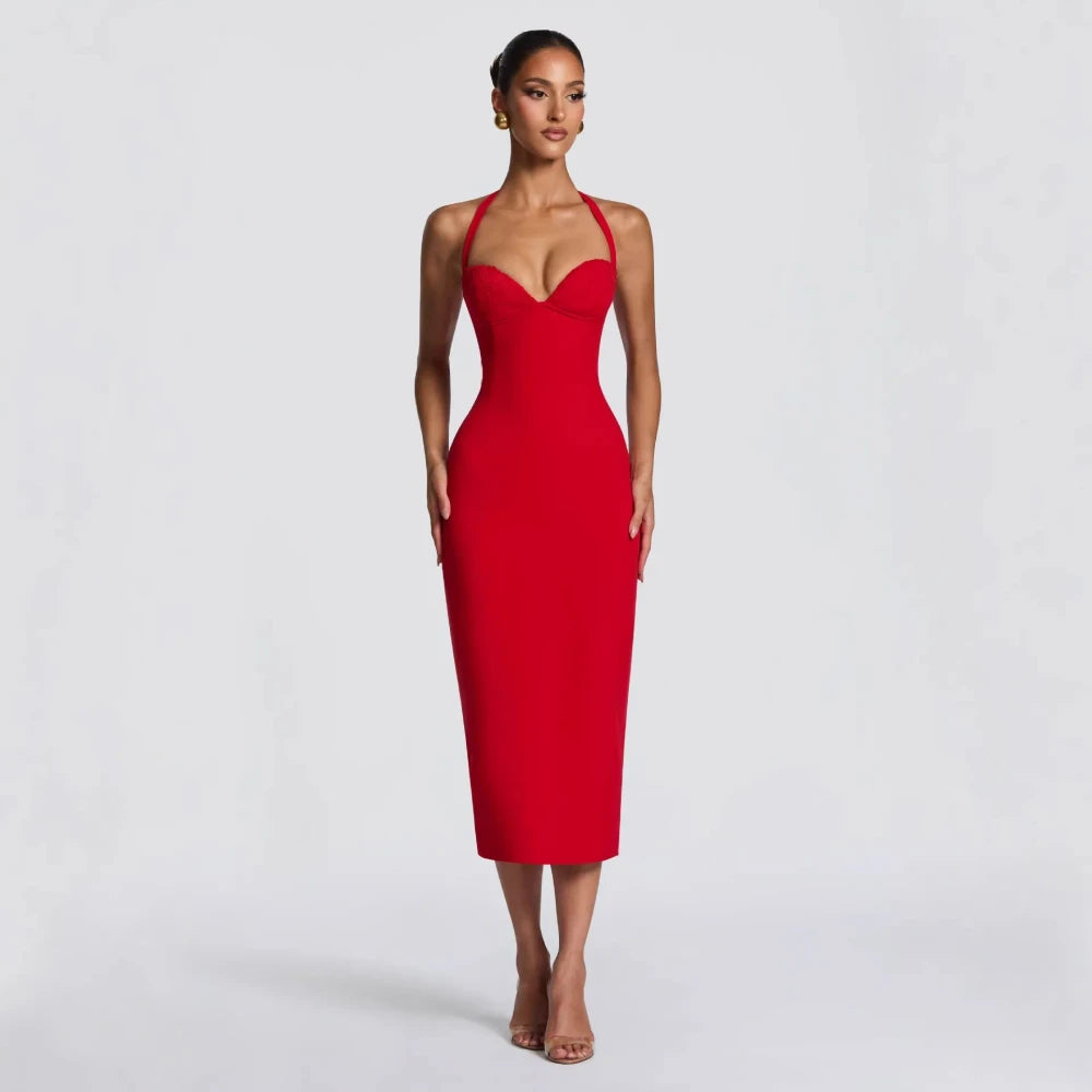 Elegant Halter Red Midi Dress