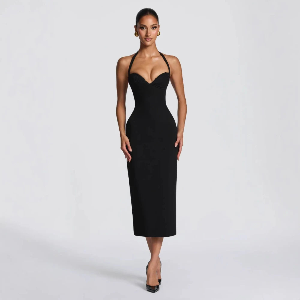 Elegant Halter Red Midi Dress