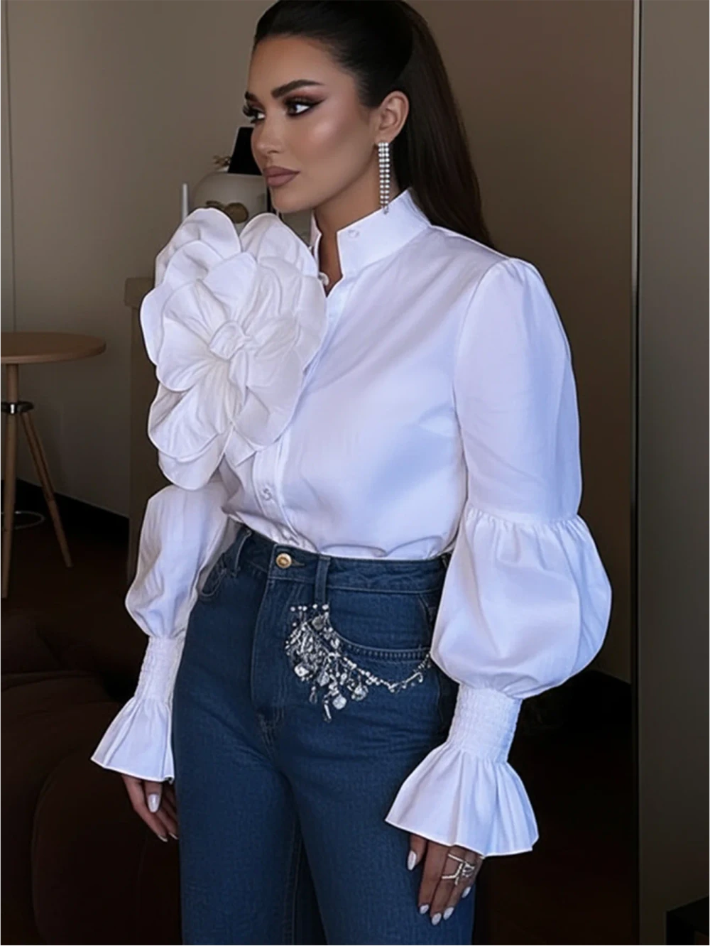 3D Floral Puff Sleeve Blouse