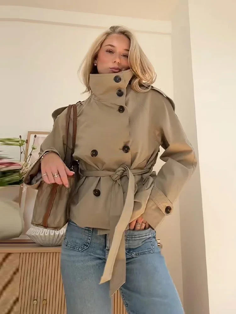 Belted Waist Cropped Trench Jacket