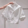 Solid Lapel Bubble Sleeve Blouse